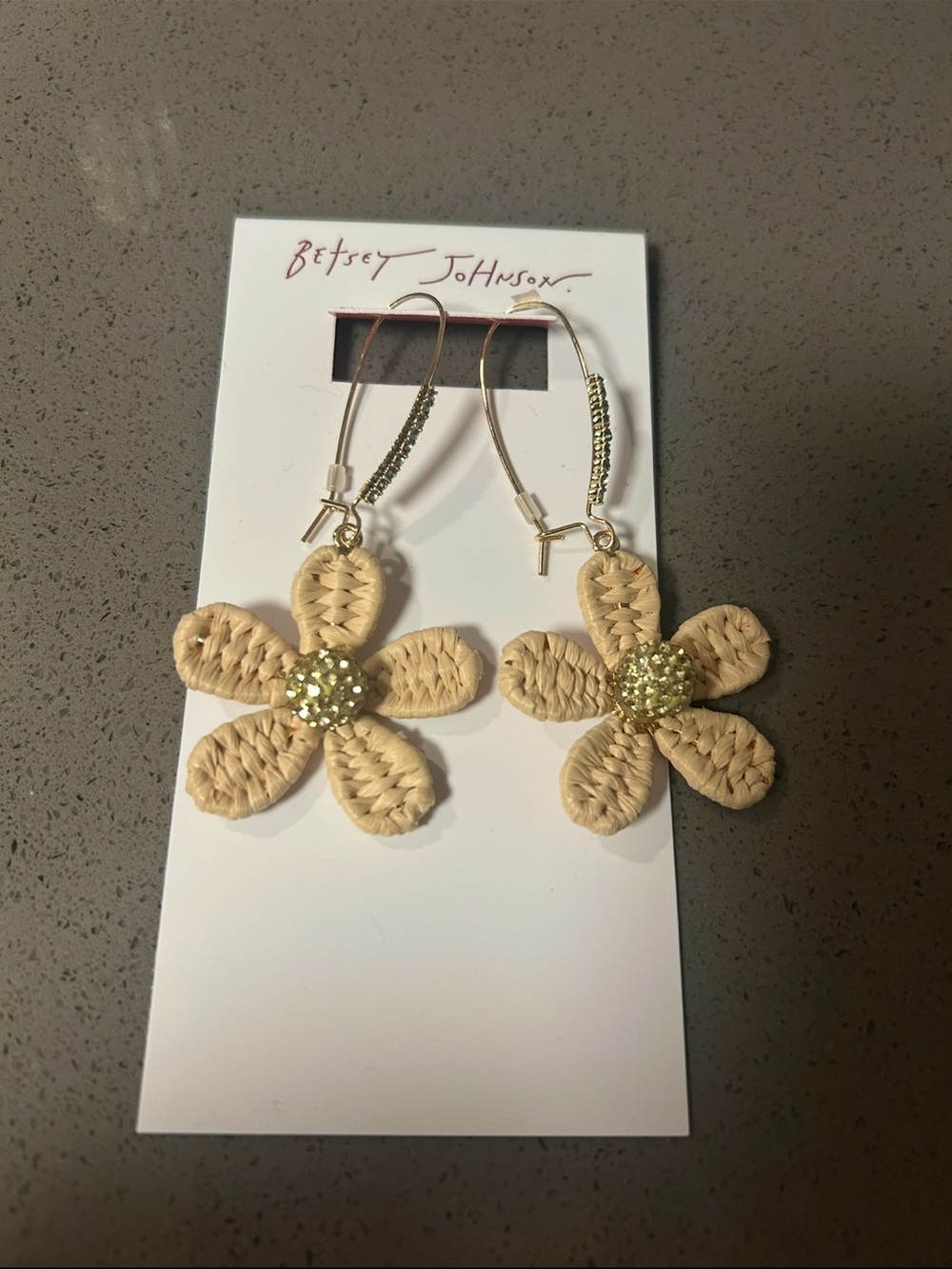 Betsey Johnson Beige Floral Woven Drop Earrings with Gold Centers